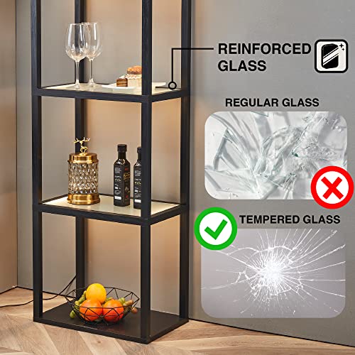 FENLO Fantasy Plus 66" Luxury Glass Display Shelf with Dimmable LED Floor Lamps, Sturdy Curio Cabinet with Bookcase Display Shelves for Bedroom, Open Bookshelf, Black