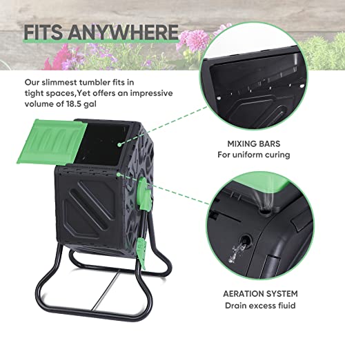 F2C 18.5 Gallon Compost Tumbler All-Season Outdoor BPA Free Large Composter Bin w/ 2 Sliding Doors and Solid Steel Frame (18.5 Gallon)