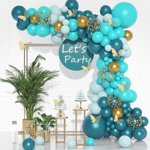 teal balloons garland arch kit, 148pcs dark teal tiffany blue turquoise metallic gold balloon with 12pcs gold butterfly stickers for birthday baby bridal shower wedding party backdrop decorations