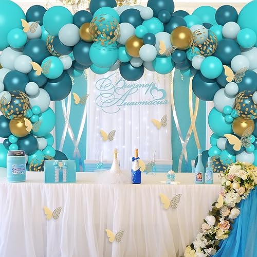 Teal Balloons Garland Arch Kit, 148Pcs Dark Teal Tiffany Blue Turquoise Metallic Gold Balloon with 12Pcs Gold Butterfly Stickers for Birthday Baby Bridal Shower Wedding Party Backdrop Decorations