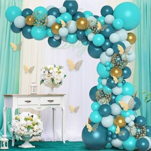 Teal Balloons Garland Arch Kit, 148Pcs Dark Teal Tiffany Blue Turquoise Metallic Gold Balloon with 12Pcs Gold Butterfly Stickers for Birthday Baby Bridal Shower Wedding Party Backdrop Decorations