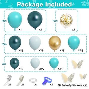 Teal Balloons Garland Arch Kit, 148Pcs Dark Teal Tiffany Blue Turquoise Metallic Gold Balloon with 12Pcs Gold Butterfly Stickers for Birthday Baby Bridal Shower Wedding Party Backdrop Decorations