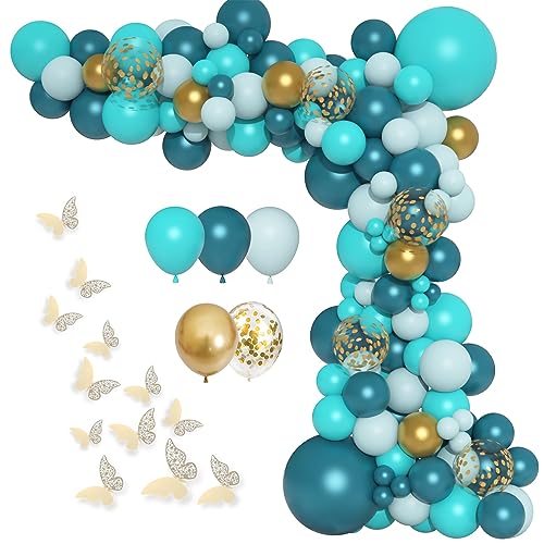 Teal Balloons Garland Arch Kit, 148Pcs Dark Teal Tiffany Blue Turquoise Metallic Gold Balloon with 12Pcs Gold Butterfly Stickers for Birthday Baby Bridal Shower Wedding Party Backdrop Decorations