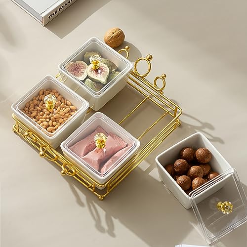 YA JU Ceramic small Snack bowl With Cover Metal Tray, 3 Removable dip bowls are used For Snack, potato chips, fruits, candies, and condiments - Perfect for birthday, parties, Holiday, gift