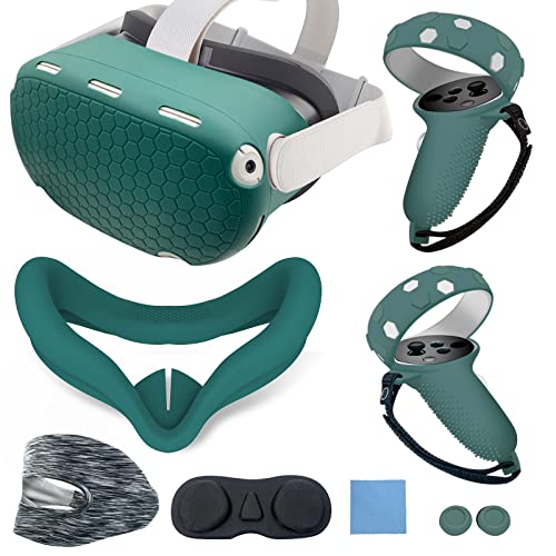 JYMEGOVR for Oculus Quest 2 Silicone Cover, Protective Cover Accessories for Meta VR, Multi Colors Soft Shell Skin, Controller Grips & Face Cover Set (Green)