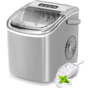 portable countertop ice maker machine with handle, 9 bullet-shaped ice cubes ready in 6 mins, 26lbs/24h, self-cleaning function with ice scoop and basket for home/kitchen/party (grey)