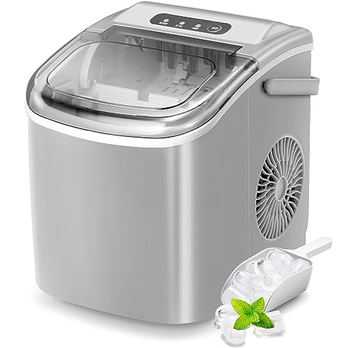 Portable Countertop Ice Maker Machine with Handle, 9 Bullet-Shaped Ice Cubes Ready in 6 Mins, 26Lbs/24H, Self-Cleaning Function with Ice Scoop and Basket for Home/Kitchen/Party (Grey)