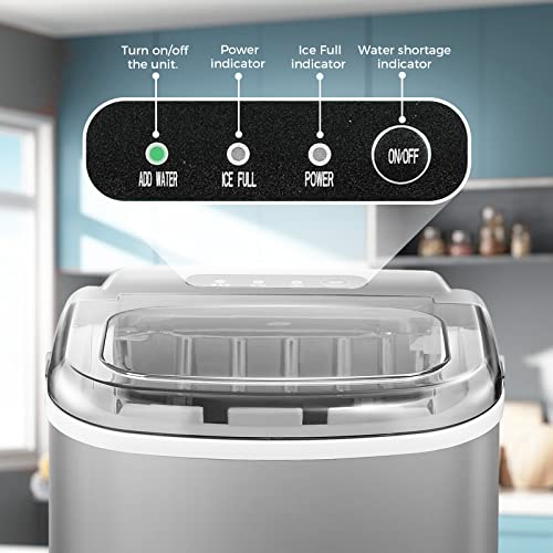 Portable Countertop Ice Maker Machine with Handle, 9 Bullet-Shaped Ice Cubes Ready in 6 Mins, 26Lbs/24H, Self-Cleaning Function with Ice Scoop and Basket for Home/Kitchen/Party (Grey)