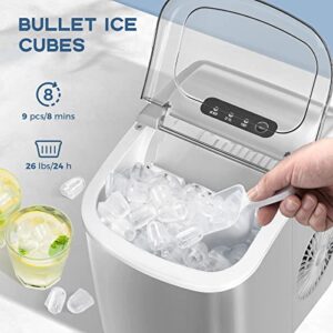 Portable Countertop Ice Maker Machine with Handle, 9 Bullet-Shaped Ice Cubes Ready in 6 Mins, 26Lbs/24H, Self-Cleaning Function with Ice Scoop and Basket for Home/Kitchen/Party (Grey)