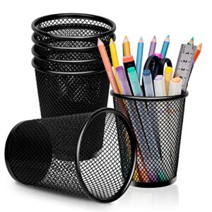 pen holder, mesh pencil pen holder cup, for desk office pen organizer, black round pencil holder for school, home, office and other office desk organizers (6 pack)