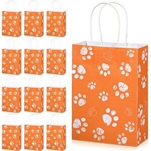 blulu 20 pcs puppy dog paw print gift bags with paper twist handles, dog gift bags paper paw print treat goodie bags for pet treat party favor, 6.3 x 3.1 x 8.6 inch (orange backing)