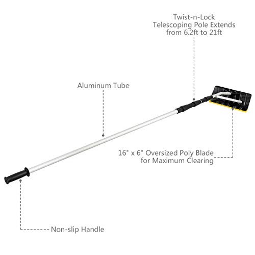 Happytools Telescoping Snow Roof Rake, 21’ Lightweight Aluminum Snow Removal Tool with Extendable Pole and Poly Blade for Metal Roof, Asphalt Roof, Car and Solar Panel