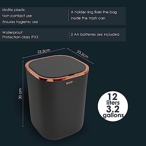 RIXET Automatic Trash can - Touch-Free use 12l/3.2 ga Motion Sensor touchless Trash can with lid, Black Color