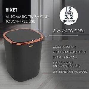 RIXET Automatic Trash can - Touch-Free use 12l/3.2 ga Motion Sensor touchless Trash can with lid, Black Color