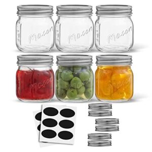 joyjolt 8 oz mason jars with lids, labels and measures! 6-pack regular mouth mason jars, glass jar with lid and band. airtight canning jars, overnight oats jars, salad jars, sourdough starter jar