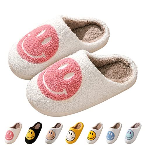 Bevaney Smile Face Slippers for Women, Soft Plush Smile Slippers Retro Preppy Slippers with Smile Face Happy Face Slippers Slip-on Cozy Indoor Outdoor Slippers