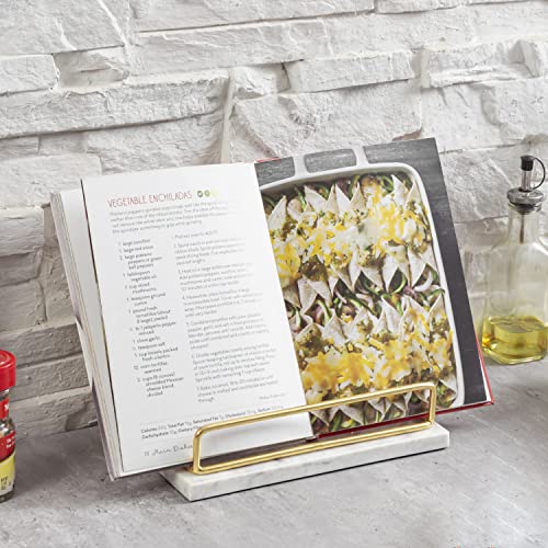 MyGift Modern Brass Metal Wire and White Marble Kitchen Cookbook Stand - Countertop Recipe Book and Tablet Holder - Handcrafted in India