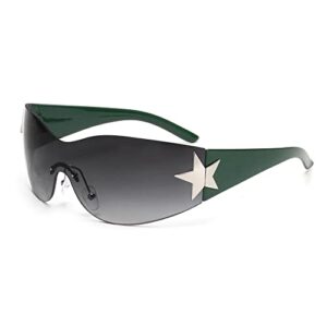 jm rimless y2k sunglasses for women men, oversized trendy shield wrap around shades green/gradient grey