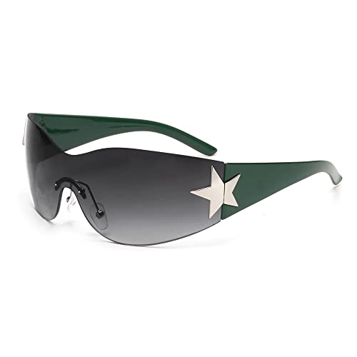 JM Rimless Y2K Sunglasses for Women Men, Oversized Trendy Shield Wrap Around Shades Green/Gradient Grey