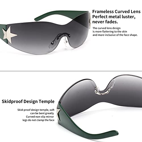 JM Rimless Y2K Sunglasses for Women Men, Oversized Trendy Shield Wrap Around Shades Green/Gradient Grey