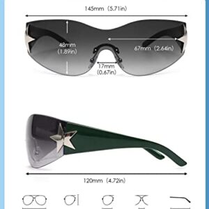 JM Rimless Y2K Sunglasses for Women Men, Oversized Trendy Shield Wrap Around Shades Green/Gradient Grey