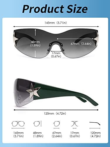 JM Rimless Y2K Sunglasses for Women Men, Oversized Trendy Shield Wrap Around Shades Green/Gradient Grey