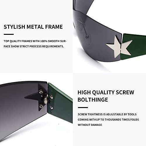 JM Rimless Y2K Sunglasses for Women Men, Oversized Trendy Shield Wrap Around Shades Green/Gradient Grey