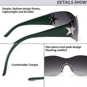 JM Rimless Y2K Sunglasses for Women Men, Oversized Trendy Shield Wrap Around Shades Green/Gradient Grey