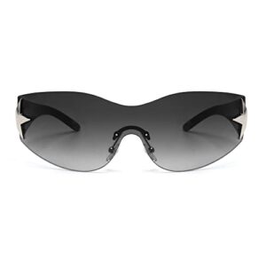 JM Rimless Y2K Sunglasses for Women Men, Oversized Trendy Shield Wrap Around Shades Green/Gradient Grey