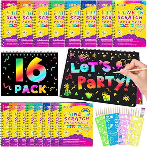 pigipigi Scratch Art-Craft Notebook: 16 Pack Rainbow Scratch Party Favor Kid Paper Craft Project Art Supply for Girls Boys Age 3 4 5 6 7 8 9 10 11 Year Old Toy Christmas Birthday Gift Activity