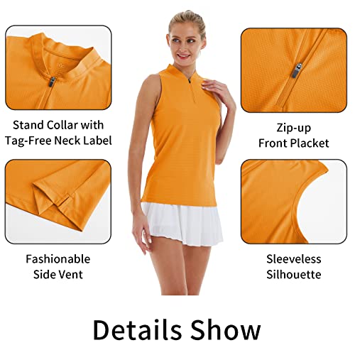CQC Women's Sleeveless Golf Polo Tennis Shirts Zip Up Quick Dry UPF 50+ Athletic Tank Tops Moisture Wicking Sport Casual Golden Spice M