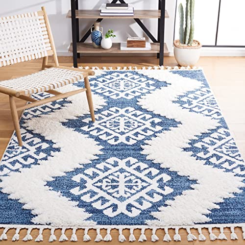 Safavieh Moroccan Tassel Shag Collection Accent Rug - 4' x 6', Blue & Ivory, Boho Design, Non-Shedding & Easy Care, 2-inch Thick Ideal for High Traffic Areas in Foyer, Living Room, Bedroom (MTS652M)