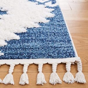 Safavieh Moroccan Tassel Shag Collection Accent Rug - 4' x 6', Blue & Ivory, Boho Design, Non-Shedding & Easy Care, 2-inch Thick Ideal for High Traffic Areas in Foyer, Living Room, Bedroom (MTS652M)