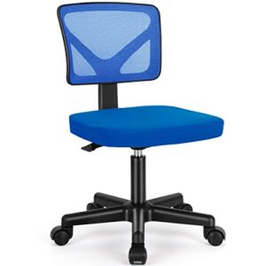 armless small home office desk chair, ergonomic low back computer chair, adjustable rolling swivel task chair with lumbar support for small space, 1 pack, blue