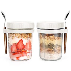 overnight oats jars with spoon and lid 16 oz [2 pack], airtight oatmeal container with measurement marks, mason jars with lid for cereal on the go container (2pcs white)