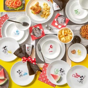Corelle Vitrelle 16-Piece Dinnerware Set, Triple Layer Glass and Chip Resistant, Lightweight Round Plates Bowls Disney's Mickey Mouse - The True Original White