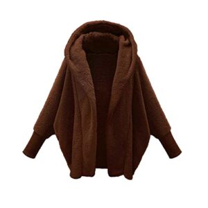 Womens Winter Coats Casual Batwing Long Sleeve Hooded Jacket Open Front Cardigan Outwear Teens Cute Loose Teddy Coats