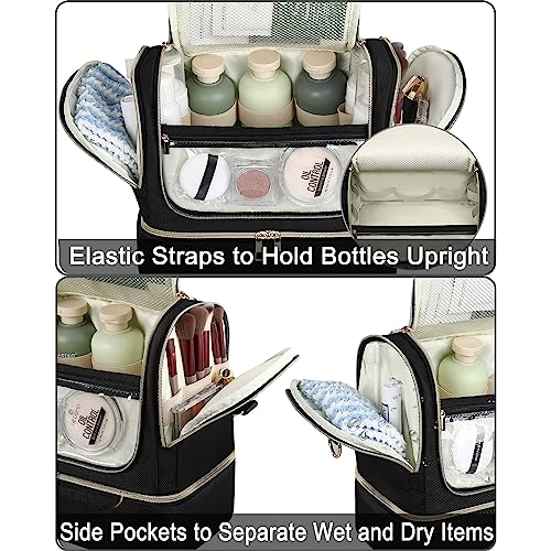 Travel Toiletry Bag for Women, Double Layer Hanging Makeup Organizer Bag with Waterproof Pocket, Cosmetic Bag Travel Essentials for Full Sized Toiletries, Travel, Business Trips, Family Use, Black