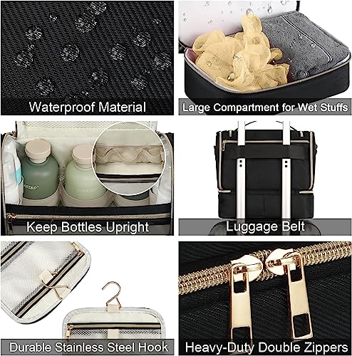 Travel Toiletry Bag for Women, Double Layer Hanging Makeup Organizer Bag with Waterproof Pocket, Cosmetic Bag Travel Essentials for Full Sized Toiletries, Travel, Business Trips, Family Use, Black
