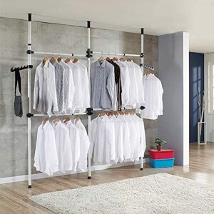 adjustable clothing rack, 2 tier double rod clothes rack freestanding garment rack telescopic closet hanger for hanging clothes, floor to ceiling rod for home bedroom retail clothes organizer