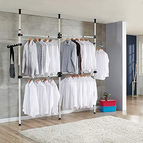 Adjustable Clothing Rack, 2 Tier Double Rod Clothes Rack Freestanding Garment Rack Telescopic Closet Hanger for Hanging Clothes, Floor to Ceiling Rod for Home Bedroom Retail Clothes Organizer