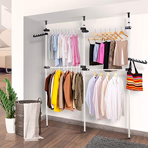 Adjustable Clothing Rack, 2 Tier Double Rod Clothes Rack Freestanding Garment Rack Telescopic Closet Hanger for Hanging Clothes, Floor to Ceiling Rod for Home Bedroom Retail Clothes Organizer