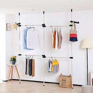 Adjustable Clothing Rack, 2 Tier Double Rod Clothes Rack Freestanding Garment Rack Telescopic Closet Hanger for Hanging Clothes, Floor to Ceiling Rod for Home Bedroom Retail Clothes Organizer