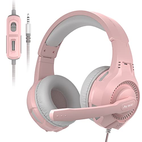 Anivia Headphones with Microphone Surround Sound Active Noise Canceling Pink Wired Gaming Headphones - 3.5mm Audio Jack Stereo Headset for PC, PS4, PS5, Switch, Xbox One, Pink (Game/Work/School)