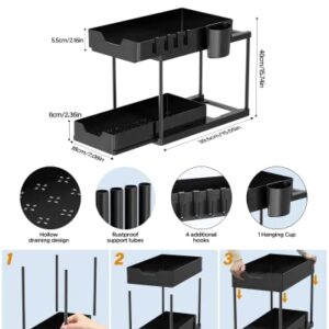 Under Sink Organizers and Storage Bathroom Organizer, 2 Tier Under Sliding Kicthen Cabinet Basket Organizer with Hooks, Hanging Cup, Dividers, Handles, Multi-purpose Under Sink Shelf Organizer, Black