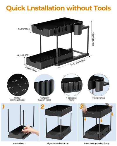 Under Sink Organizers and Storage Bathroom Organizer, 2 Tier Under Sliding Kicthen Cabinet Basket Organizer with Hooks, Hanging Cup, Dividers, Handles, Multi-purpose Under Sink Shelf Organizer, Black