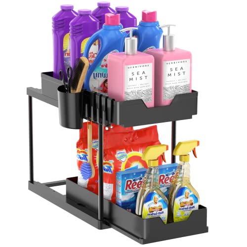 Under Sink Organizers and Storage Bathroom Organizer, 2 Tier Under Sliding Kicthen Cabinet Basket Organizer with Hooks, Hanging Cup, Dividers, Handles, Multi-purpose Under Sink Shelf Organizer, Black