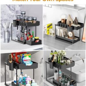 Under Sink Organizers and Storage Bathroom Organizer, 2 Tier Under Sliding Kicthen Cabinet Basket Organizer with Hooks, Hanging Cup, Dividers, Handles, Multi-purpose Under Sink Shelf Organizer, Black