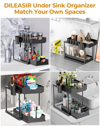 Under Sink Organizers and Storage Bathroom Organizer, 2 Tier Under Sliding Kicthen Cabinet Basket Organizer with Hooks, Hanging Cup, Dividers, Handles, Multi-purpose Under Sink Shelf Organizer, Black