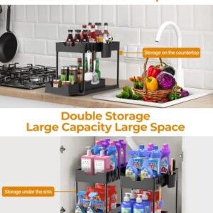 Under Sink Organizers and Storage Bathroom Organizer, 2 Tier Under Sliding Kicthen Cabinet Basket Organizer with Hooks, Hanging Cup, Dividers, Handles, Multi-purpose Under Sink Shelf Organizer, Black